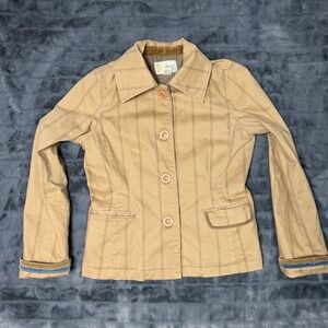 Fossil Utility Jacket Womens Large Tan Pinstripe Cotton Button Front Lined